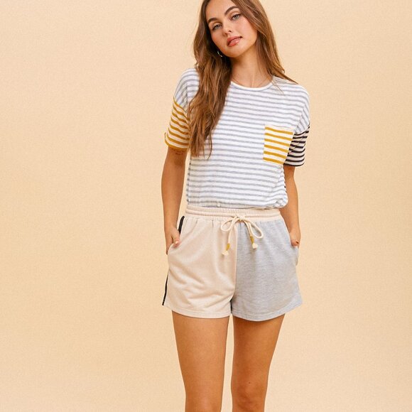 MYSTREE Beige Grey & Navy Colorblock Lounge Shorts, Soft Knit Drawstring Waist - Picture 3 of 5